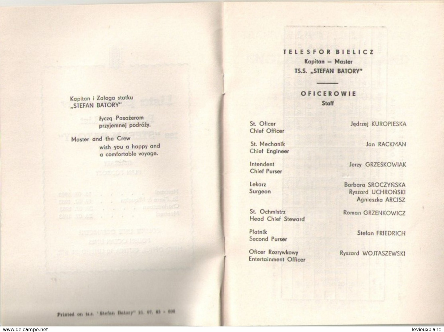 Liste Des Passagers /Lista PasazerowTSS STEFAN BATORY/Polish Ocean Lines/Polskie Linie Ocean Lines /Canada/1983    MAR91 - Otros & Sin Clasificación