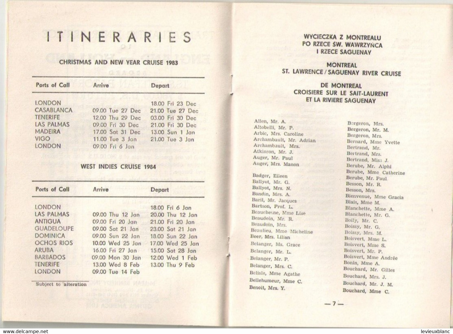 Liste Des Passagers /Lista PasazerowTSS STEFAN BATORY/Polish Ocean Lines/Polskie Linie Ocean Lines /Canada/1983    MAR91 - Andere & Zonder Classificatie