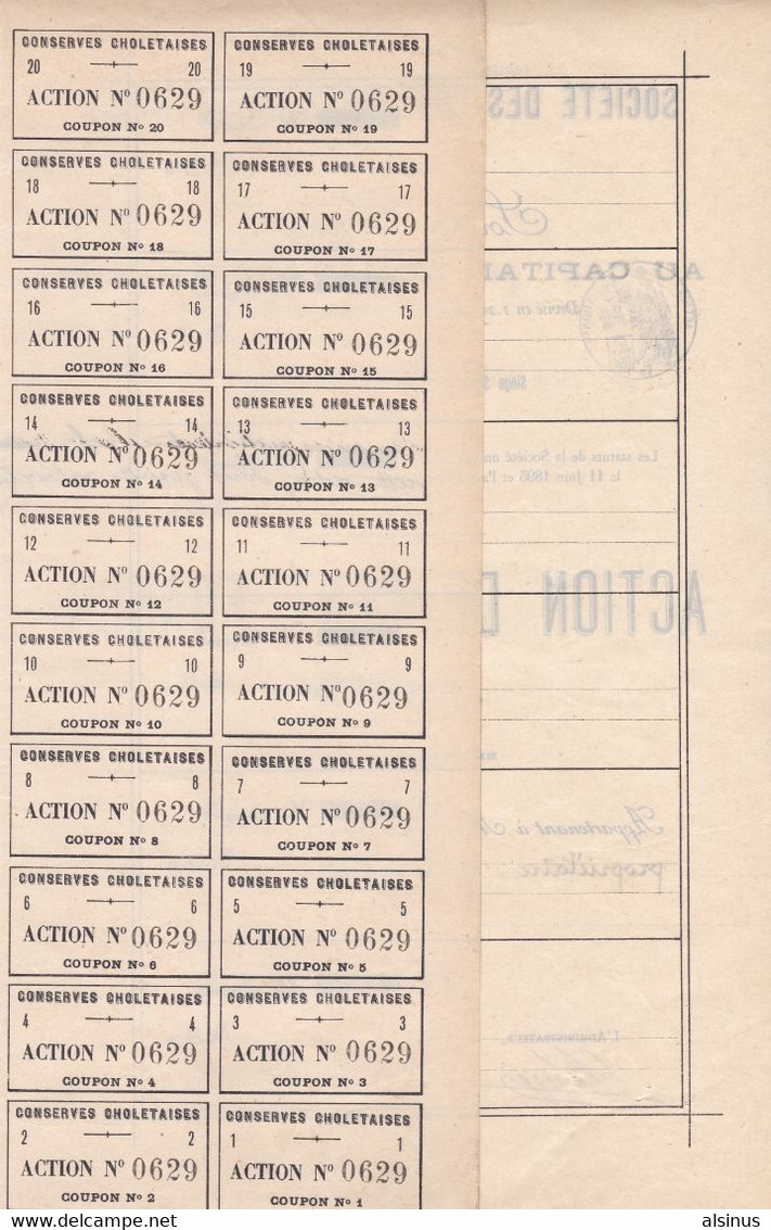 FRANCE - 1895 - SOCIETE DES CONSERVES CHOLETAISES - ACTION COMPLETE DE CENT FRANCS - A - C