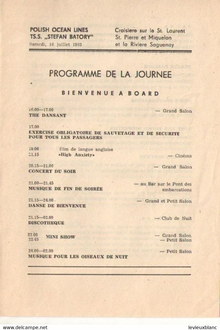 Programmes Des Journées/TSS STEFAN BATORY/Polish Ocean Lines/Croisiére Sur Le St Laurent-St P & M-Saguenay/1983    MAR95 - Altri & Non Classificati