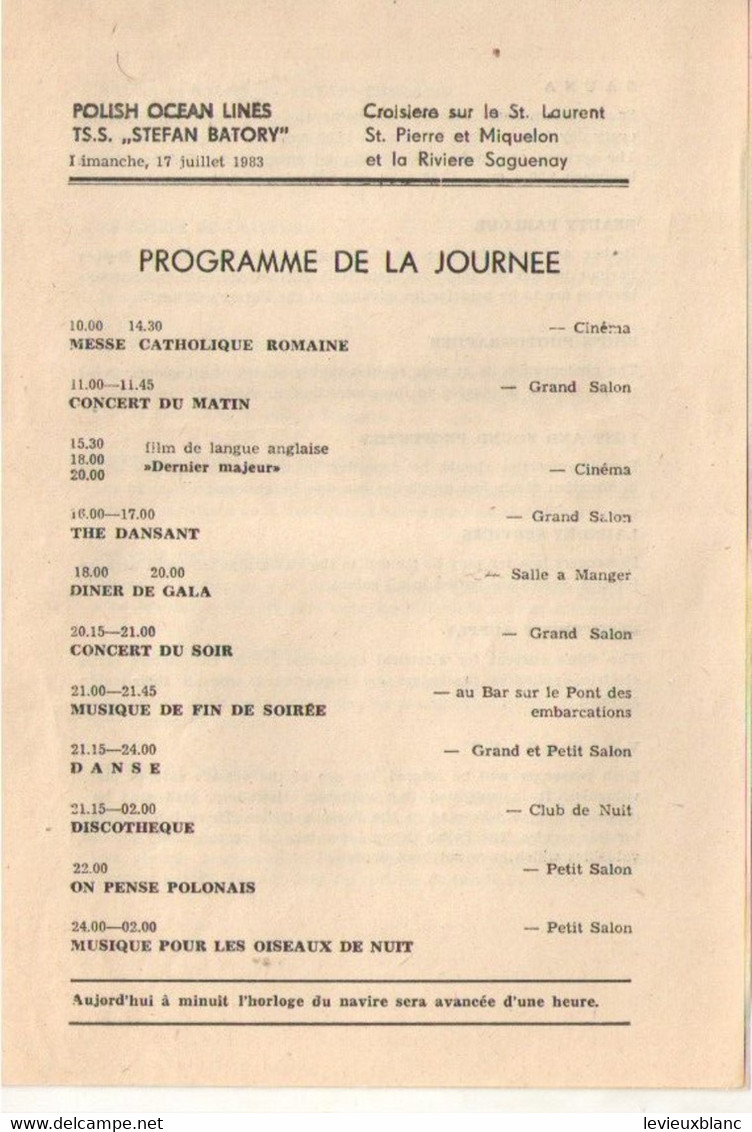 Programmes Des Journées/TSS STEFAN BATORY/Polish Ocean Lines/Croisiére Sur Le St Laurent-St P & M-Saguenay/1983    MAR95 - Sonstige & Ohne Zuordnung