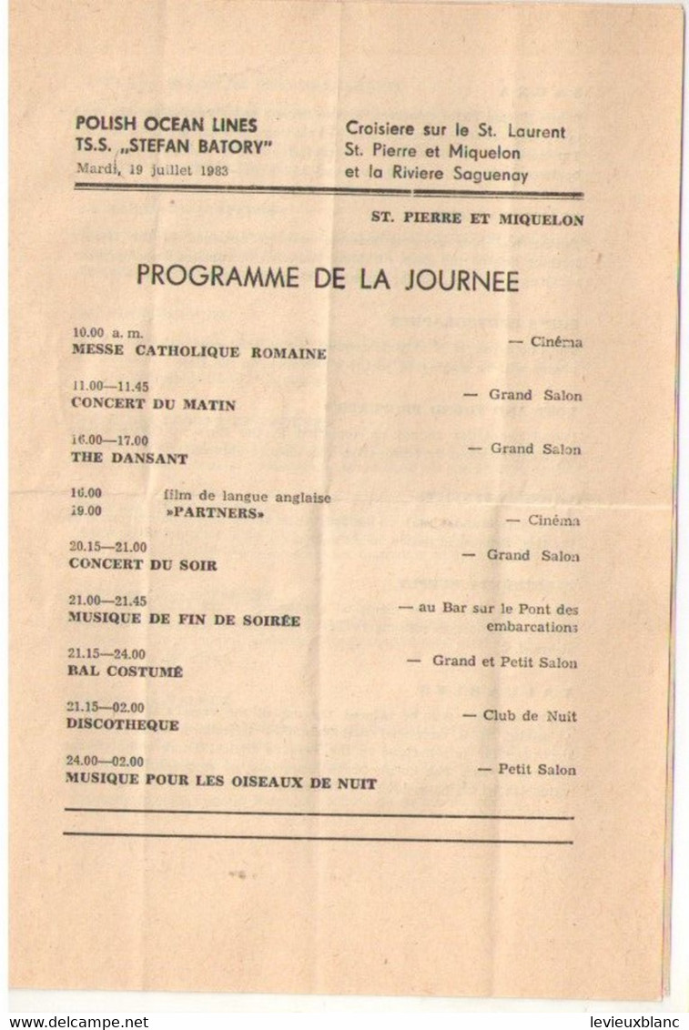 Programmes Des Journées/TSS STEFAN BATORY/Polish Ocean Lines/Croisiére Sur Le St Laurent-St P & M-Saguenay/1983    MAR95 - Otros & Sin Clasificación