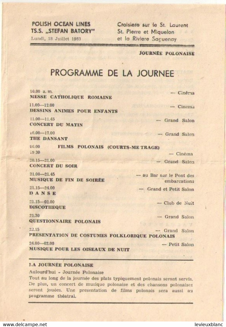 Programmes Des Journées/TSS STEFAN BATORY/Polish Ocean Lines/Croisiére Sur Le St Laurent-St P & M-Saguenay/1983    MAR95 - Sonstige & Ohne Zuordnung