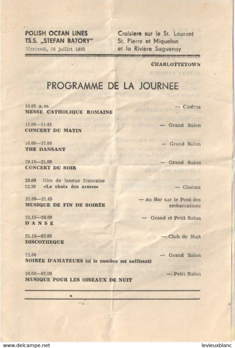 Programmes Des Journées/TSS STEFAN BATORY/Polish Ocean Lines/Croisiére Sur Le St Laurent-St P & M-Saguenay/1983    MAR95 - Altri & Non Classificati