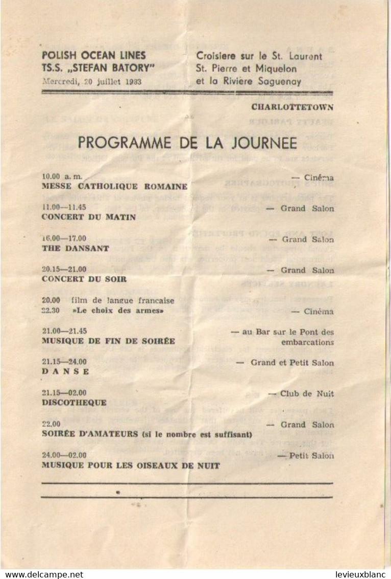 Programmes Des Journées/TSS STEFAN BATORY/Polish Ocean Lines/Croisiére Sur Le St Laurent-St P & M-Saguenay/1983    MAR95 - Sonstige & Ohne Zuordnung