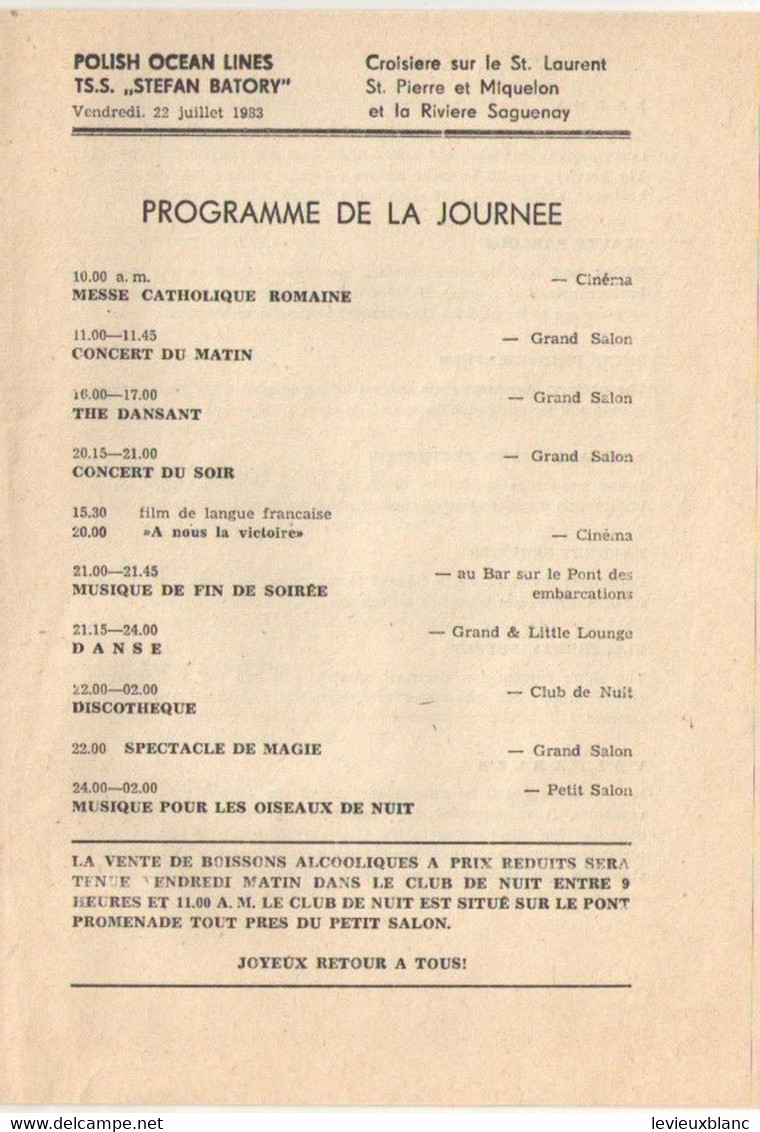 Programmes des journées/TSS STEFAN BATORY/Polish Ocean Lines/Croisiére sur le St Laurent-St P & M-Saguenay/1983    MAR95