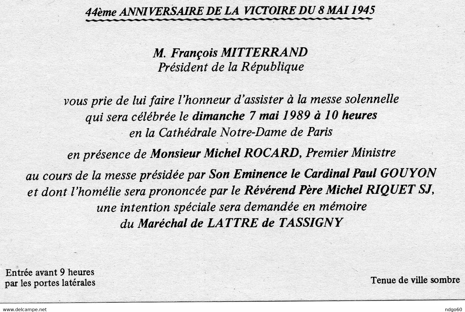 Invitation Au 44ème Anniversaire De La Victoire Du 8 Mai 1945 Par François Mitterrand - Documentos Históricos