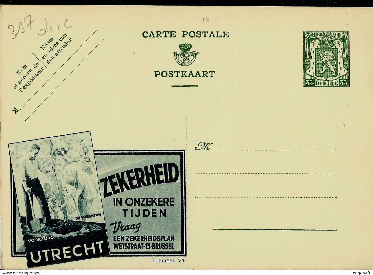 Publibel Neuve N° 317 Bleu-vert ( Assurances UTRECHT - Arbre - Familly) - Werbepostkarten