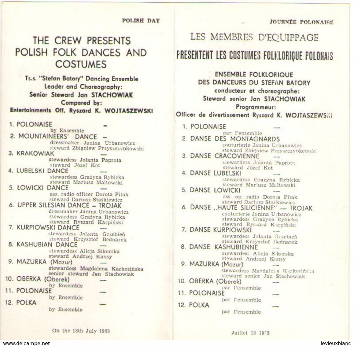 Programmes De La Journée Polonaise/ TSS STEFAN BATORY/Polish Ocean Lines/Croisière Sur Le St Laurent/1983    MAR96 - Sonstige & Ohne Zuordnung