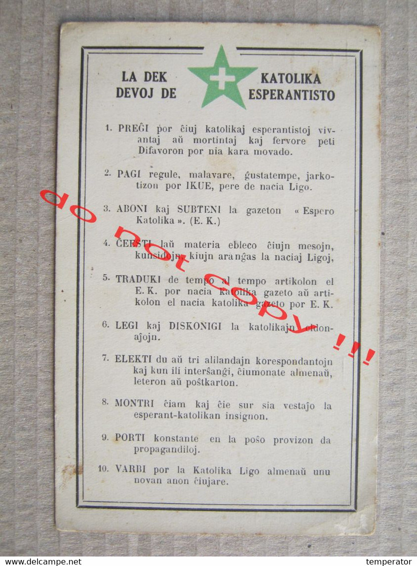 ESPERANTO POSTA KARTO / LA DEK KATOLIKA DEVOJ DE ESPERANTISTO - Seal: FUMEZ LES CIGARETTES CELTIQUES ( 1938 ) - Esperanto