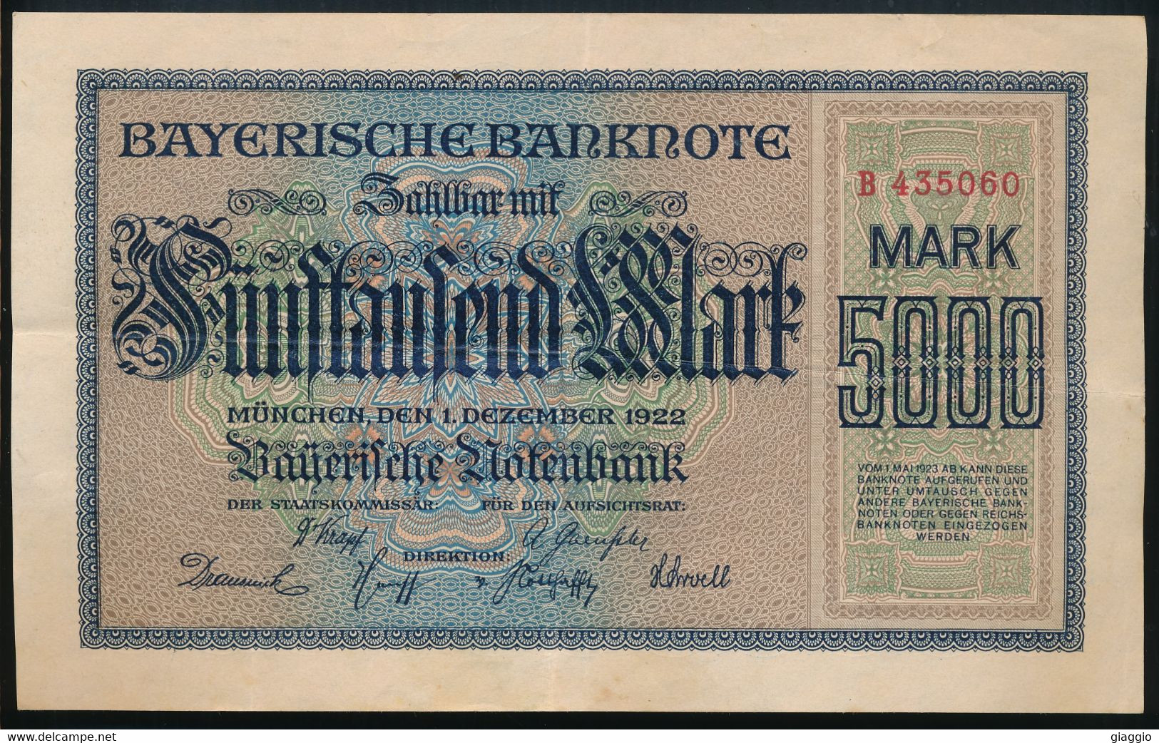 °°° GERMANY - 5000 MARK 1922 BAYERISCHE BANKNOTE °°° - 5000 Mark