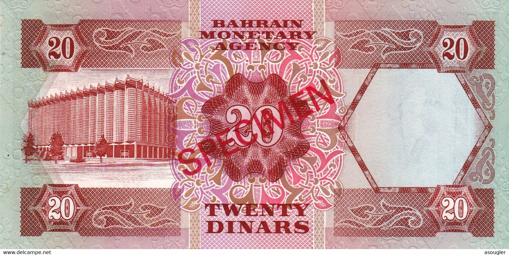 BAHRAIN 20 DINARS 1973 SPECIMEN UNC P-10s (SC1) "free Shipping Via Registered Air Mail" - Bahrein