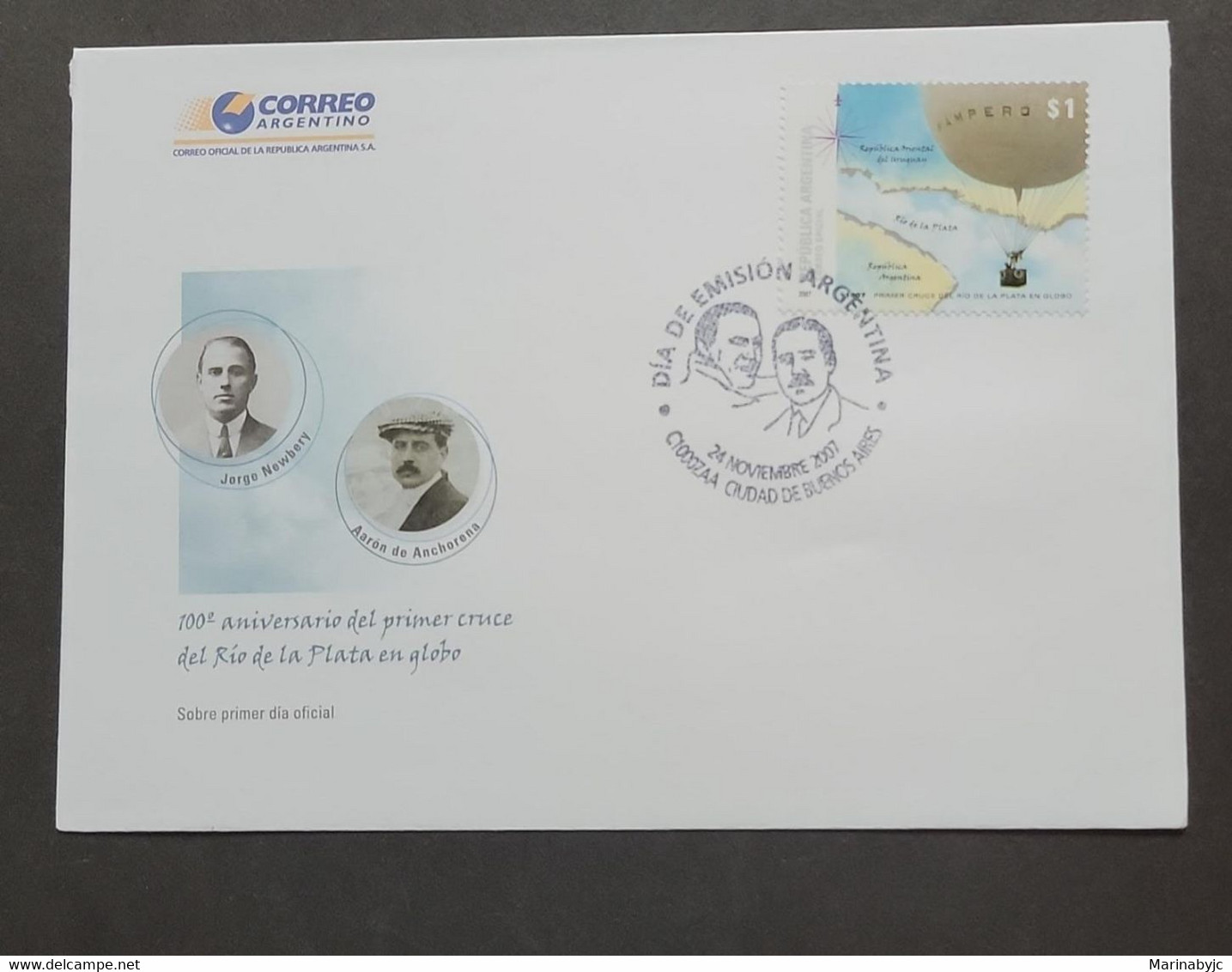 P) 2007 ARGENTINA, CENTENARY CROSSING RIVER DE LA PLATA BY BALLON FDC, MAP, NEWBERY AND ANCHORENA, XF - Sonstige & Ohne Zuordnung