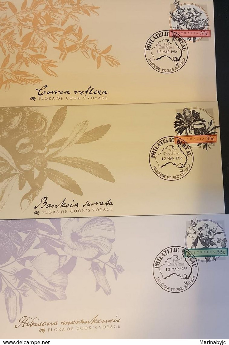 P) 1985 AUSTRALIA, FLORA OF COOK'S VOYAGE, POSTAL STATIONERY, SET OF 3 COVERS, MNH - Otros & Sin Clasificación