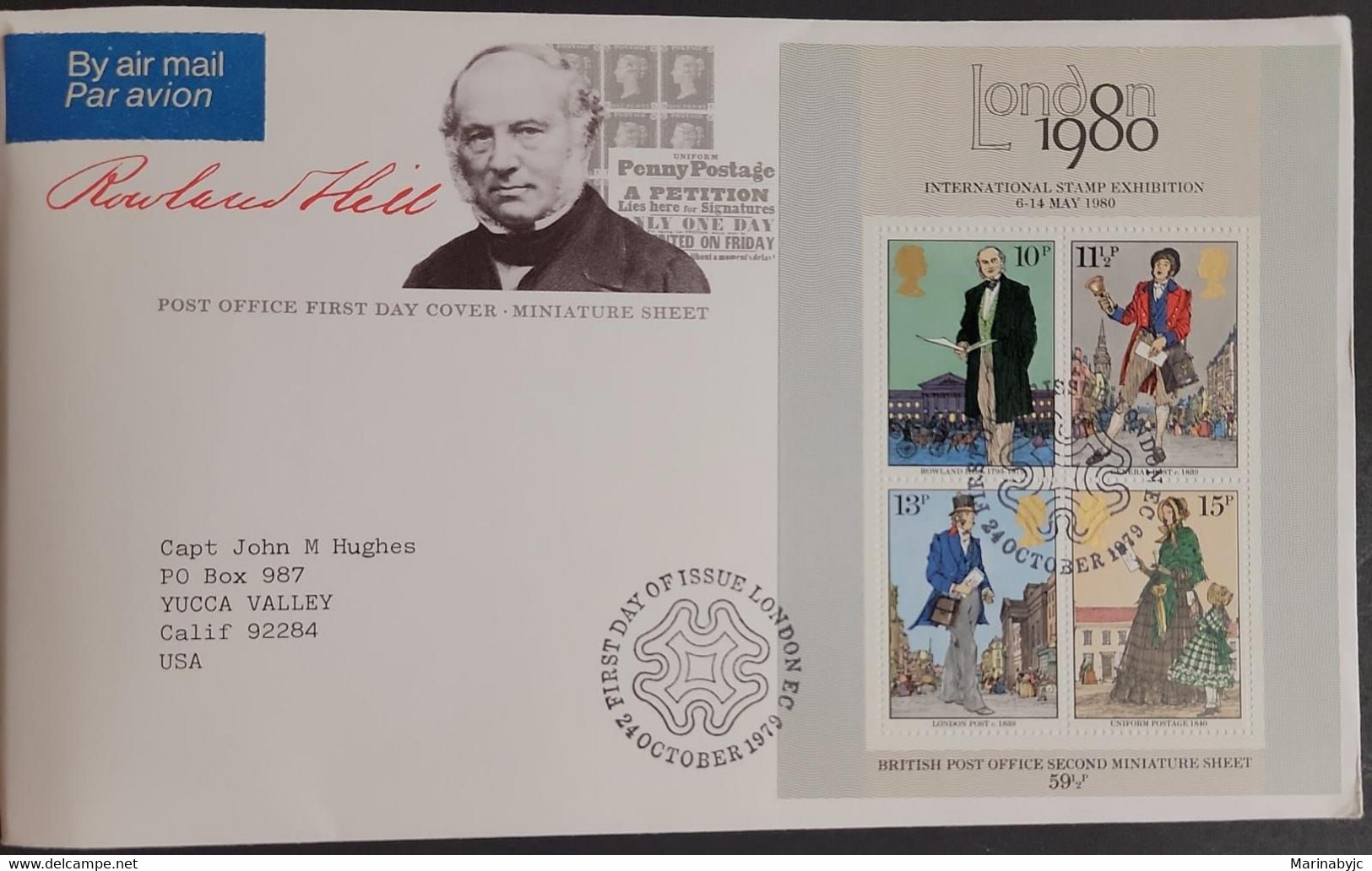 P) 1979 LONDON GREAT BRITAIN, CENTENARY DEATH ROWLAND HILL FDC, CIRCULATED TO CALIFORNIA, AIRMAIL, MINISHEET, XF - Ohne Zuordnung