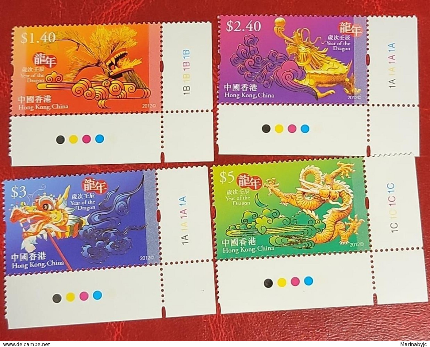 P) 2012 HONG KONG, CHINESE YEAR DRAGON, MARGIN CORNER SHEET, COLOR GUIDE, COMPLETE SERIES, MNH - Andere & Zonder Classificatie