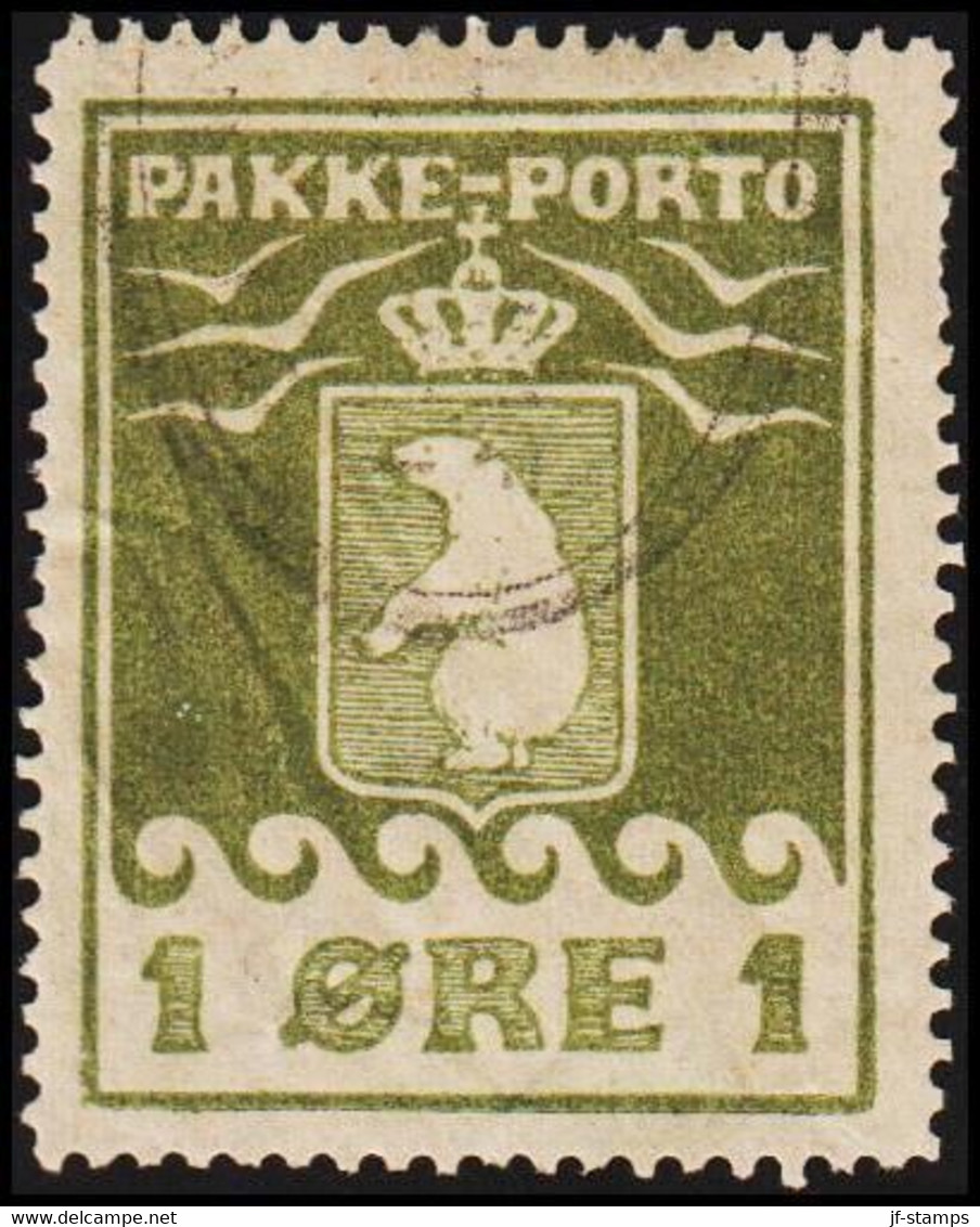 1916. PAKKE PORTO. 1 øre Ol Green. Thiele. Perf 11 ½. 2nd Print Grayish Paper. (Michel 4A) - JF514045 - Spoorwegzegels
