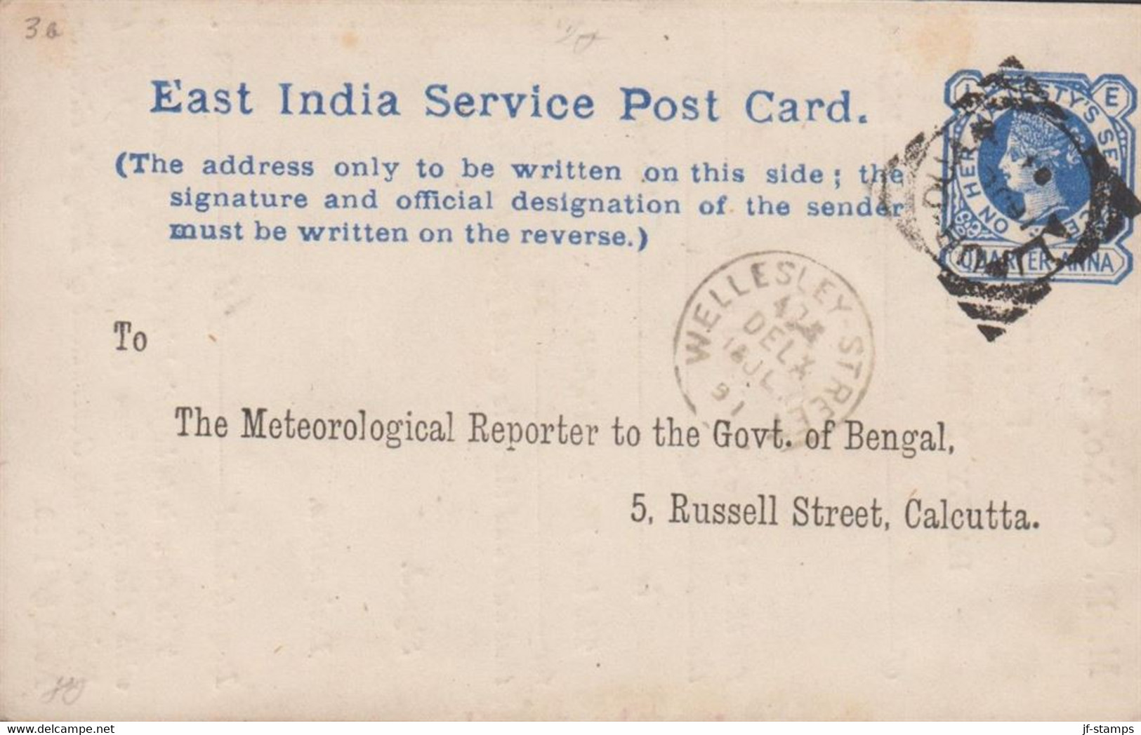 1891. EAST INDIA. Service POST CARD VICTORIA QUARTER ANNA FORM C DAILY RAINFALL REPORT Cancelled WELLESLEY... - JF427554 - Chamba