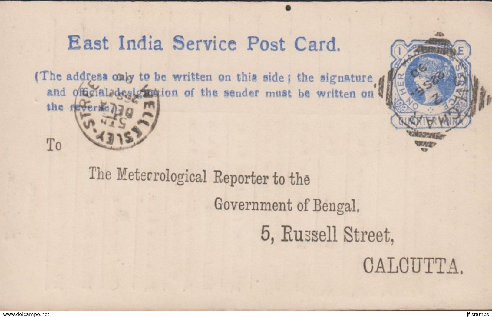 1890. EAST INDIA. Service POST CARD VICTORIA QUARTER ANNA FORM G METEOROLOGICAL OBSERVATION Cancelled WELL... - JF427555 - Chamba