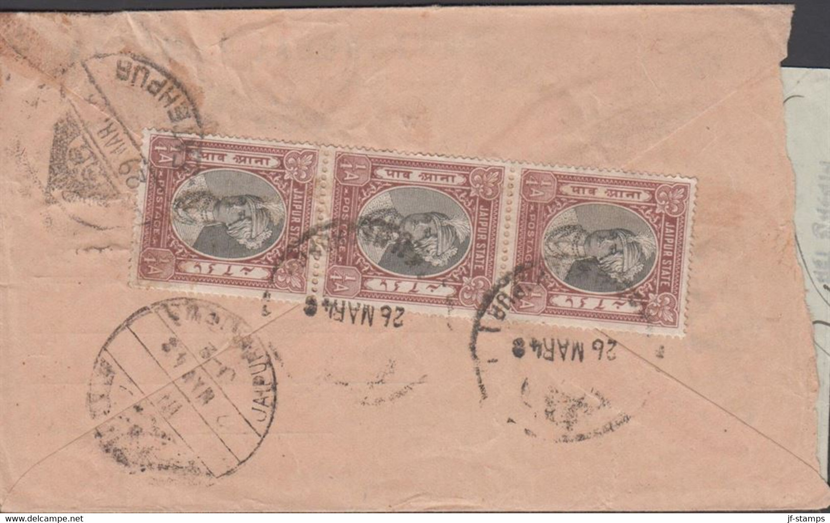 1943. JAIPUR STATE. 3 Ex 1/4 A Man Singh II On Advertisement Cover Cancelled 26 MAR 43. Interesting And Un... - JF427563 - Chamba