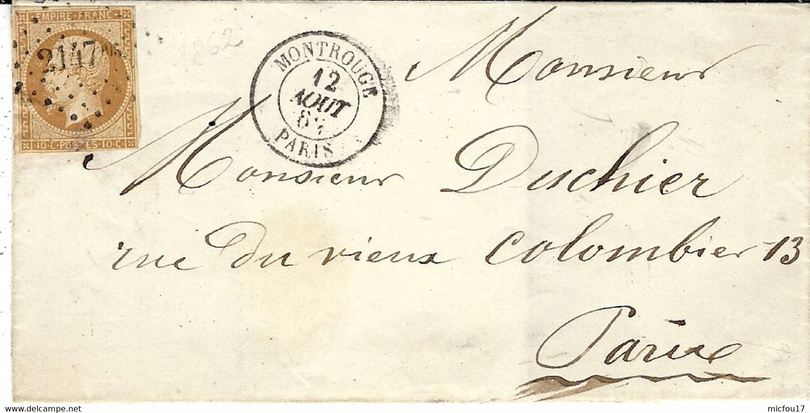 1862- Enveloppe De MONTROUGE / PARIS  Cad T15 Affr. N°13 II Oblit. Pc 2147 Bis  SUPERBE - 1849-1876: Periodo Clásico