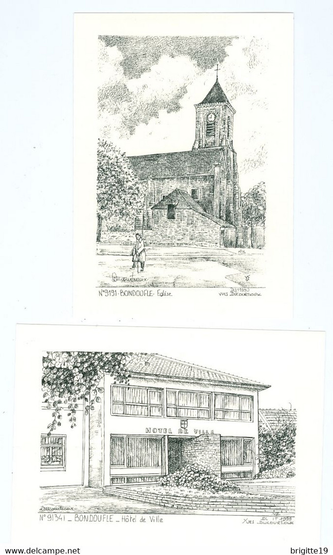 BONDOUFLE (Essonne) - Lot De 2 Cartes D'Yves Ducourtioux - L'église (n° 9191) - L'Hôtel De Ville (N° 91341 - Bondoufle