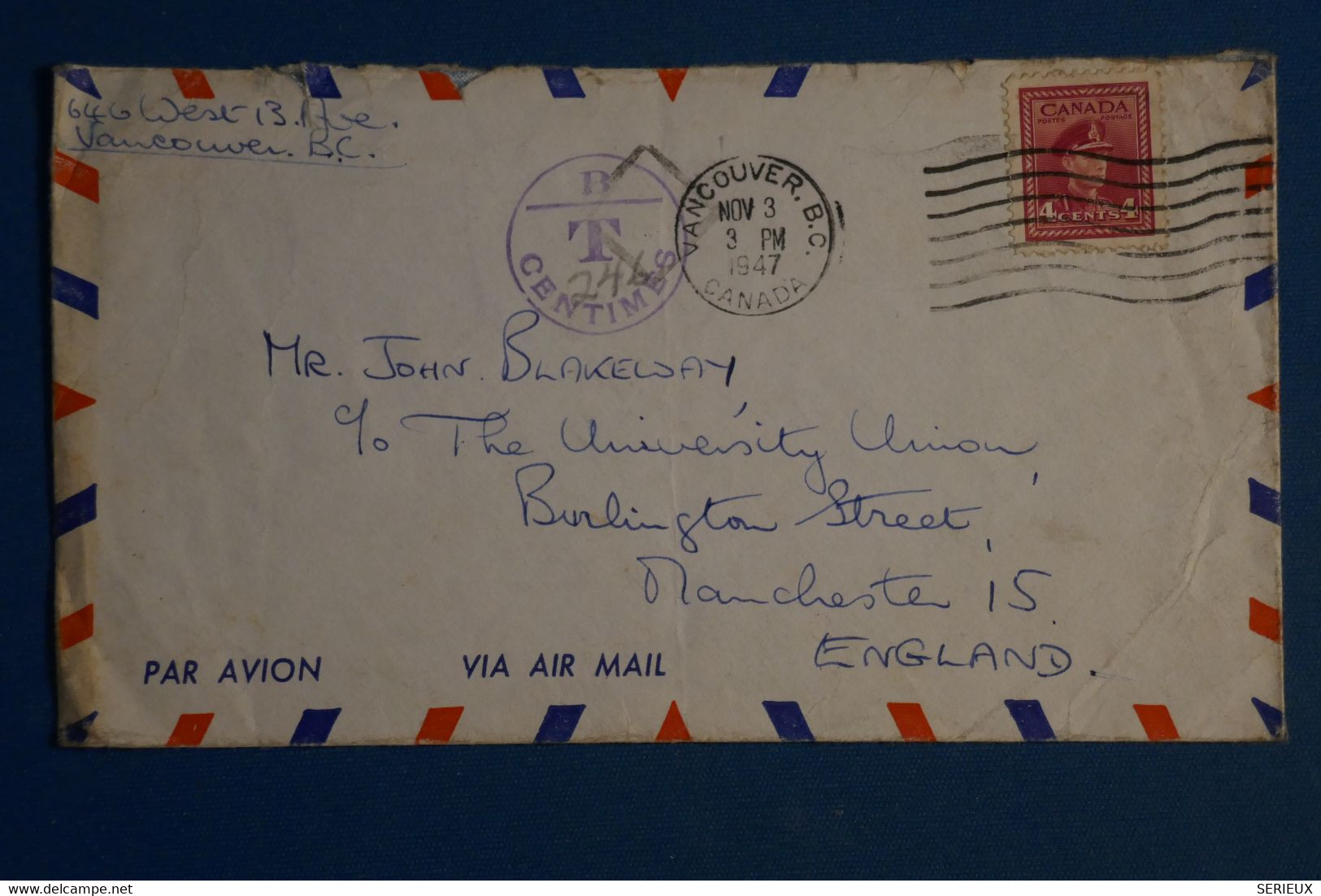 AM3 CANADA   BELLE LETTRE   1947 ++VANCOUVER   A MANCHESTER U.K +++ +AFFRANC. INTERESSANT - Storia Postale