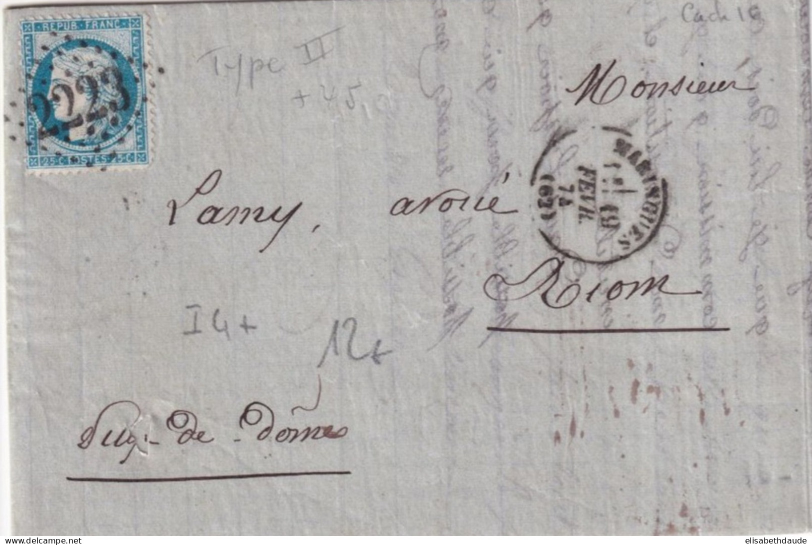 1874 - PUY DE DOME / GC 2223 - TYPE II - LETTRE De MARINGUES => RIOM - 1871-1875 Ceres