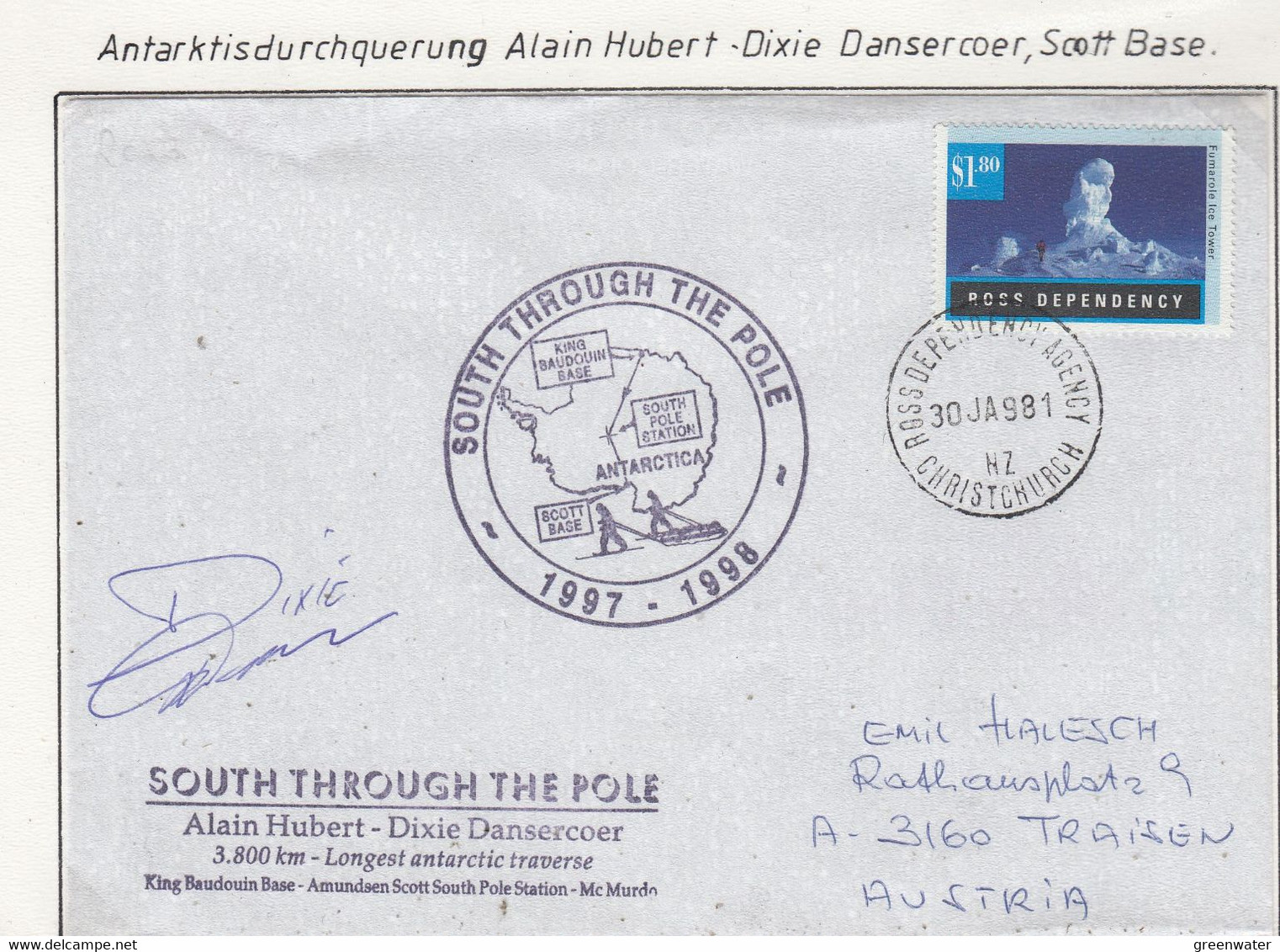 Ross Dependency 1998 South Trough The Pole Cover (Alain Hubert & Dixie Dansercoer) Ca 30 JA 98(SC118)Si Dixie Dansercoer - Covers & Documents