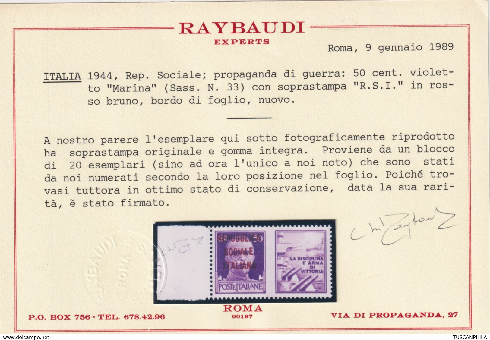 Repubblica Sociale 1944 50 C. Violetto Sass. 33F MNH** Cv. 4000 Certificato Ray - Propaganda Di Guerra