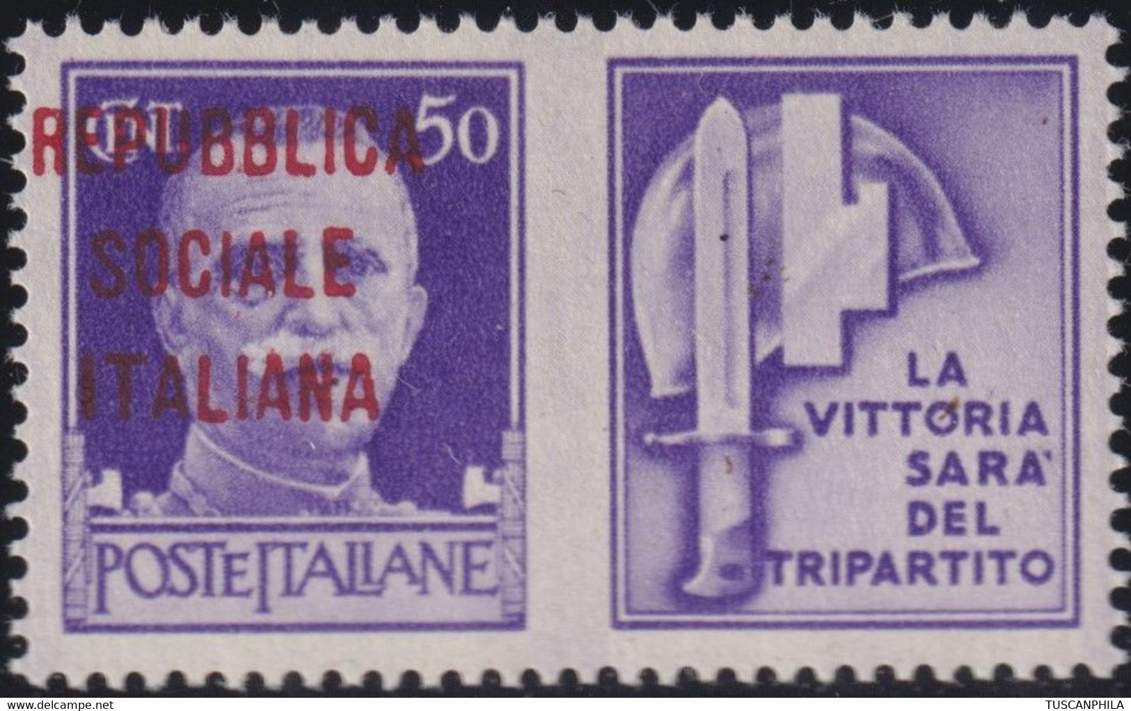 Repubblica Sociale 1944 50 C. Violetto Sass. 36Dfb MNH** Cv. 550 Certificato Ray - Kriegspropaganda