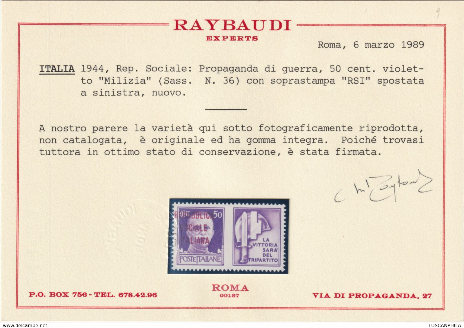 Repubblica Sociale 1944 50 C. Violetto Sass. 36Dfb MNH** Cv. 550 Certificato Ray - Propaganda Di Guerra