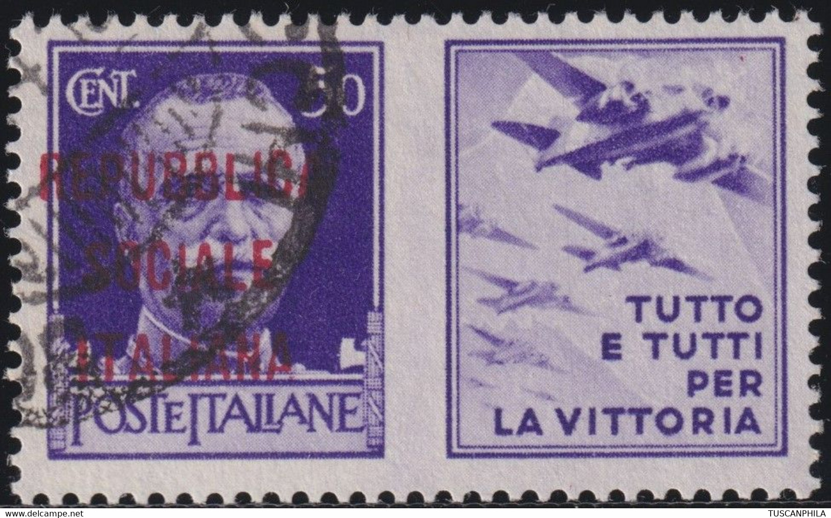 Repubblica Sociale 1944 50 C. Violetto Sass. 35D Usato NQ Certificato Ray - War Propaganda