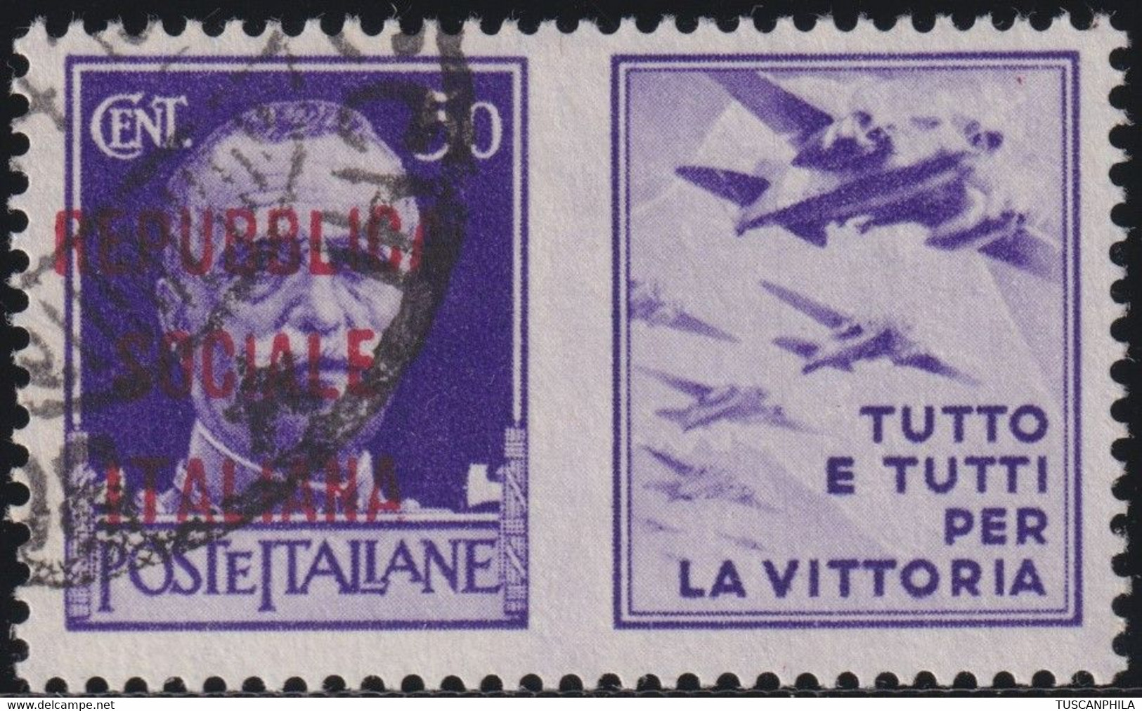 Repubblica Sociale 1944 50 C. Violetto Sass. 35D Usato NQ Certificato Ray - Kriegspropaganda