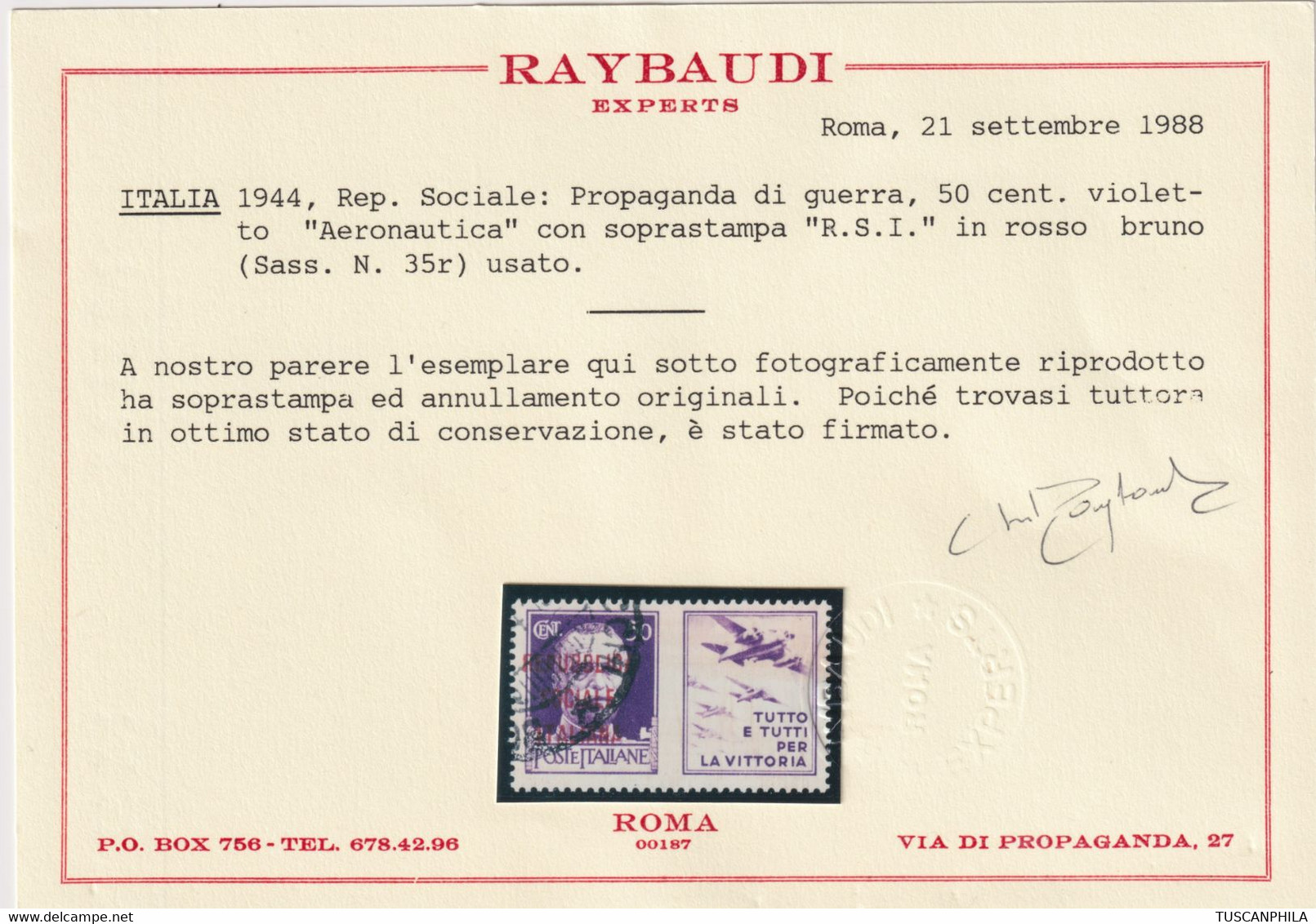 Repubblica Sociale 1944 50 C. Violetto Sass. 35D Usato NQ Certificato Ray - Kriegspropaganda