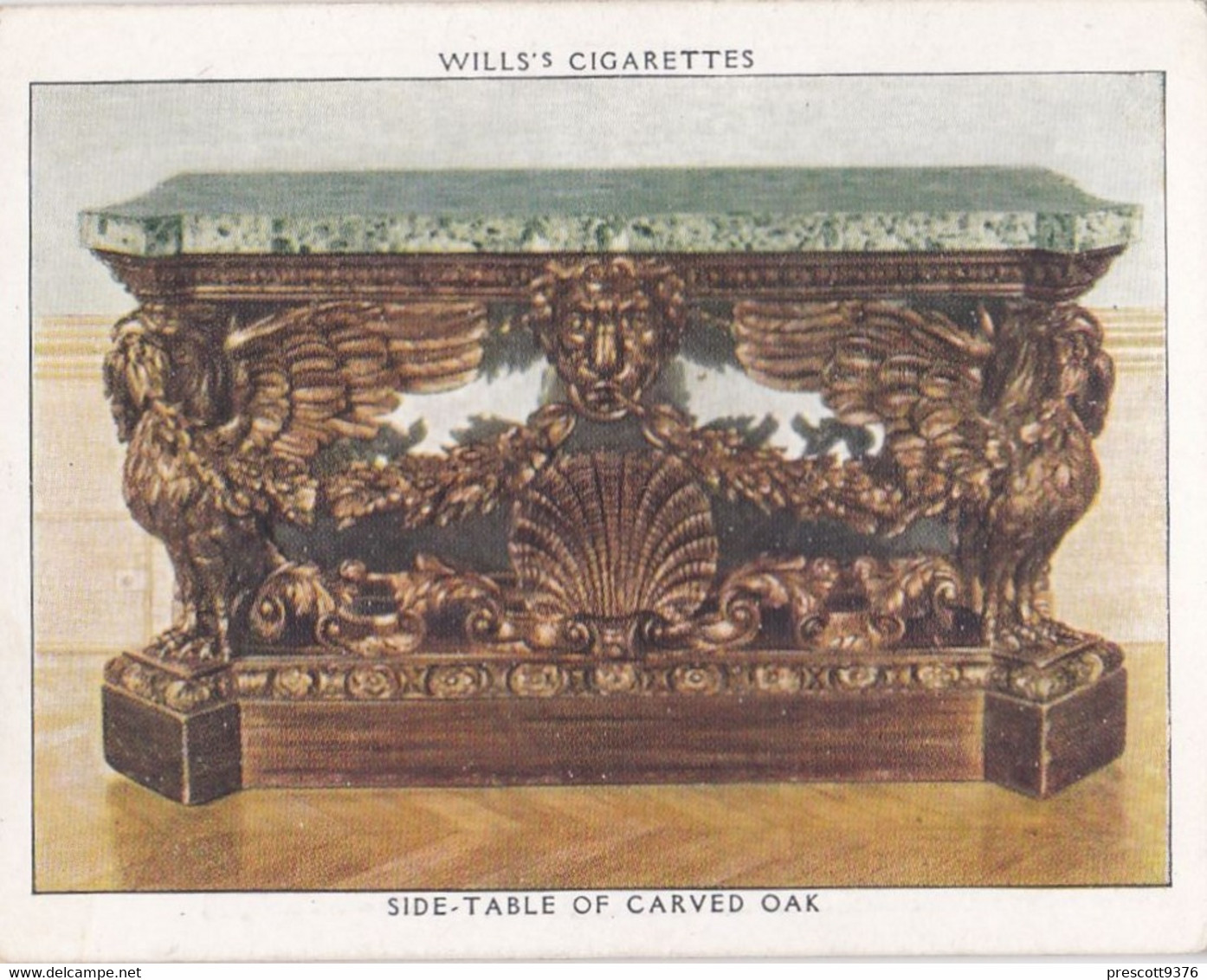 The Kings Art Treasures, 1938 - 9 Carved Oak Side Table - Wills Cigarette Card - Original - L Size - Furniture - Wills