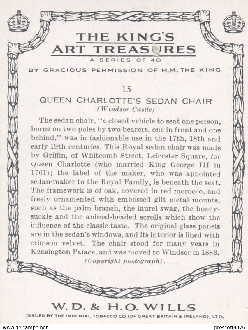 The Kings Art Treasures, 1938 - 15 Queen Charlottes Sedan Chair - Wills Cigarette Card - Original - L Size - Furniture - Wills