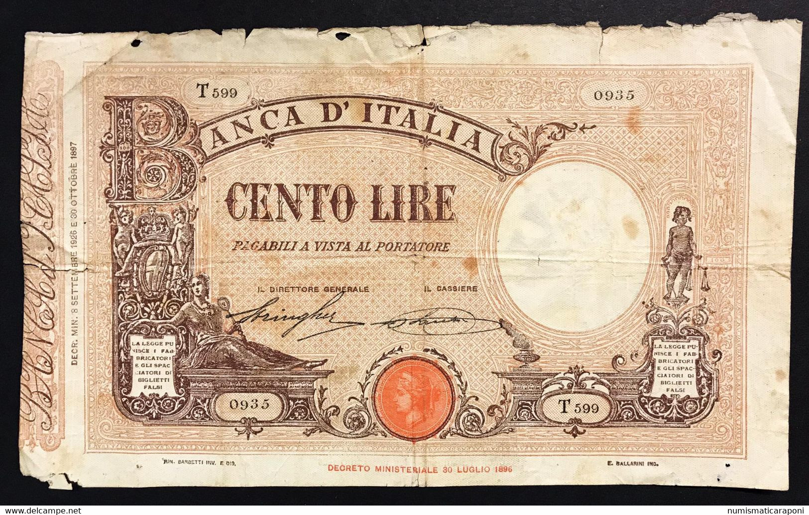 100 LIRE MATRICE FASCIO 08 09 1926 1À DATA R4 RRRR NATURALE Lotto 3254 - 100 Liras