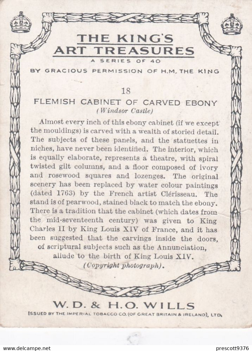 The Kings Art Treasures, 1938 - 18 Carved Ebony Flemish Cabinet - Wills Cigarette Card - Original - L Size - Furniture - Wills