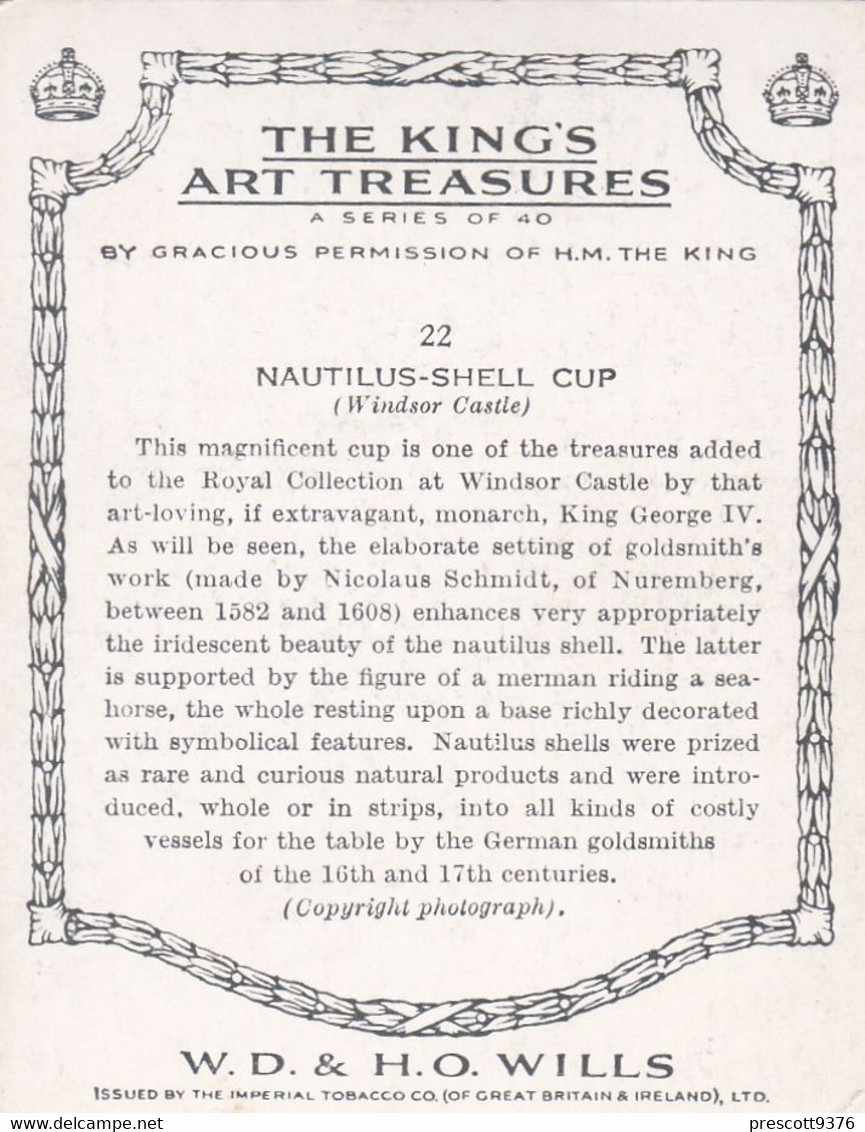 The Kings Art Treasures, 1938 - 22 Nautilus Shell Cup - Wills Cigarette Card - Original - L Size - Furniture - Wills