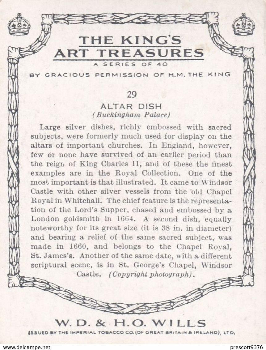 The Kings Art Treasures, 1938 - 29 Altar Dish - Wills Cigarette Card - Original - L Size - Furniture - Wills