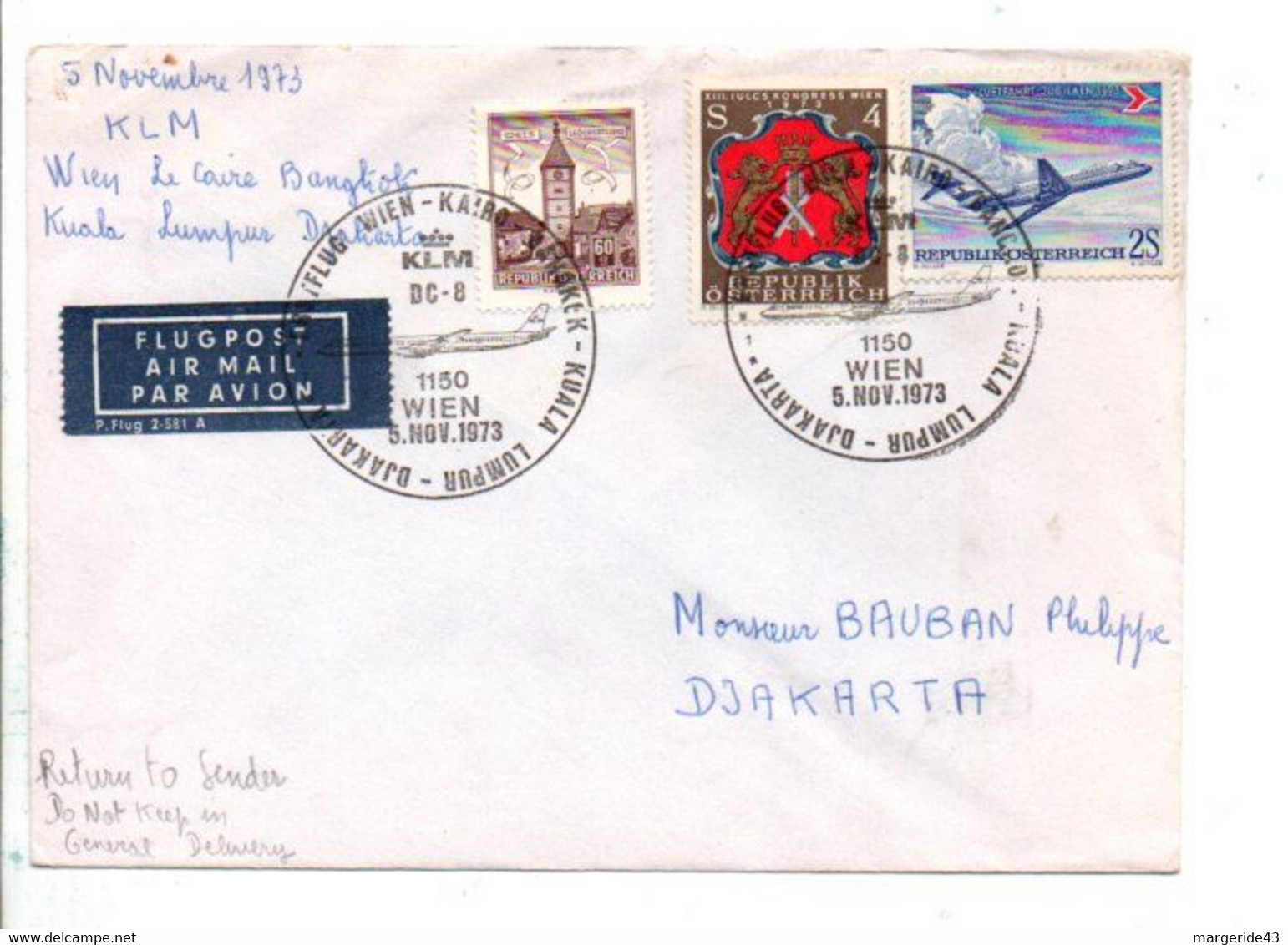 AUTRICHE 1 ER VOL KLM VIENNE-LE CAIRE- BANGKOG-KUALA LUMPUR-DJAKARTA 1973 - Lettres & Documents