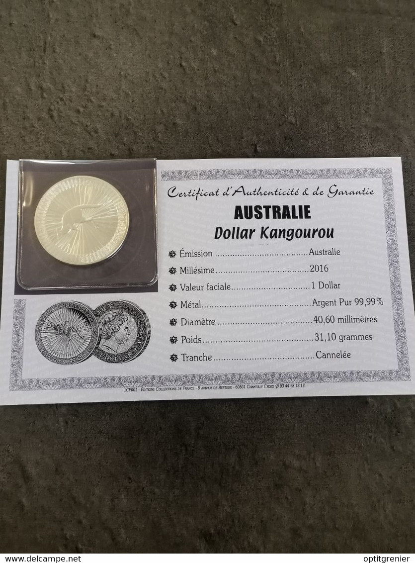 1 DOLLAR ARGENT KANGOUROU 2016 / 1 OZ 9999 SILVER / CERTIFICAT / AUSTRALIE / AUSTRALIA - Verzamelingen