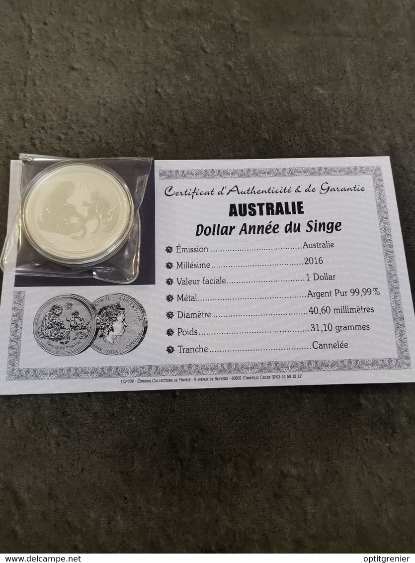 1 DOLLAR ARGENT ANNEE DU SINGE 2016 / 1 OZ 999 SILVER / CERTIFICAT / AUSTRALIE / AUSTRALIA - Collections