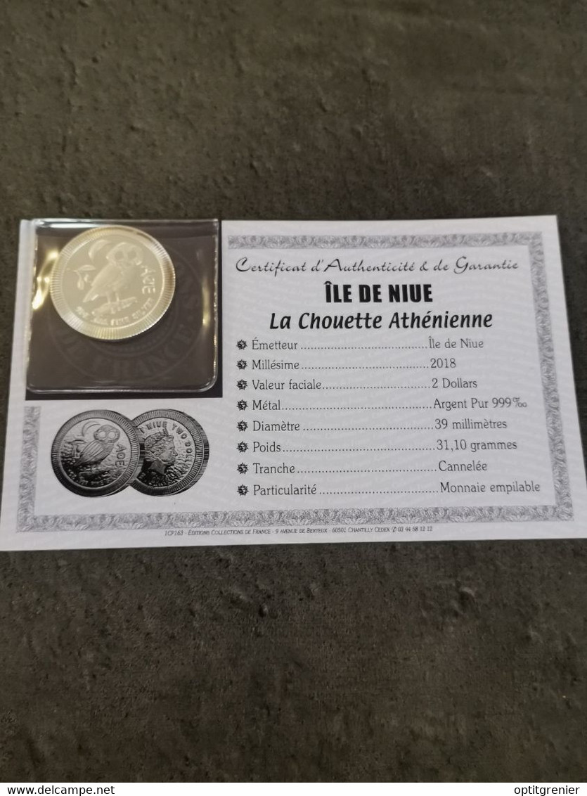 2 DOLLARS ARGENT CHOUETTE ATHENA 2018 / ILE DE NIUE / 1 OZ 999 SILVER / CERTIFICAT - Niue