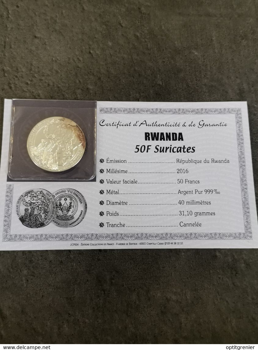 50 FRANCS ARGENT SURICATES  2016 / RWANDA / 1 OZ 999 SILVER / CERTIFICAT - Rwanda