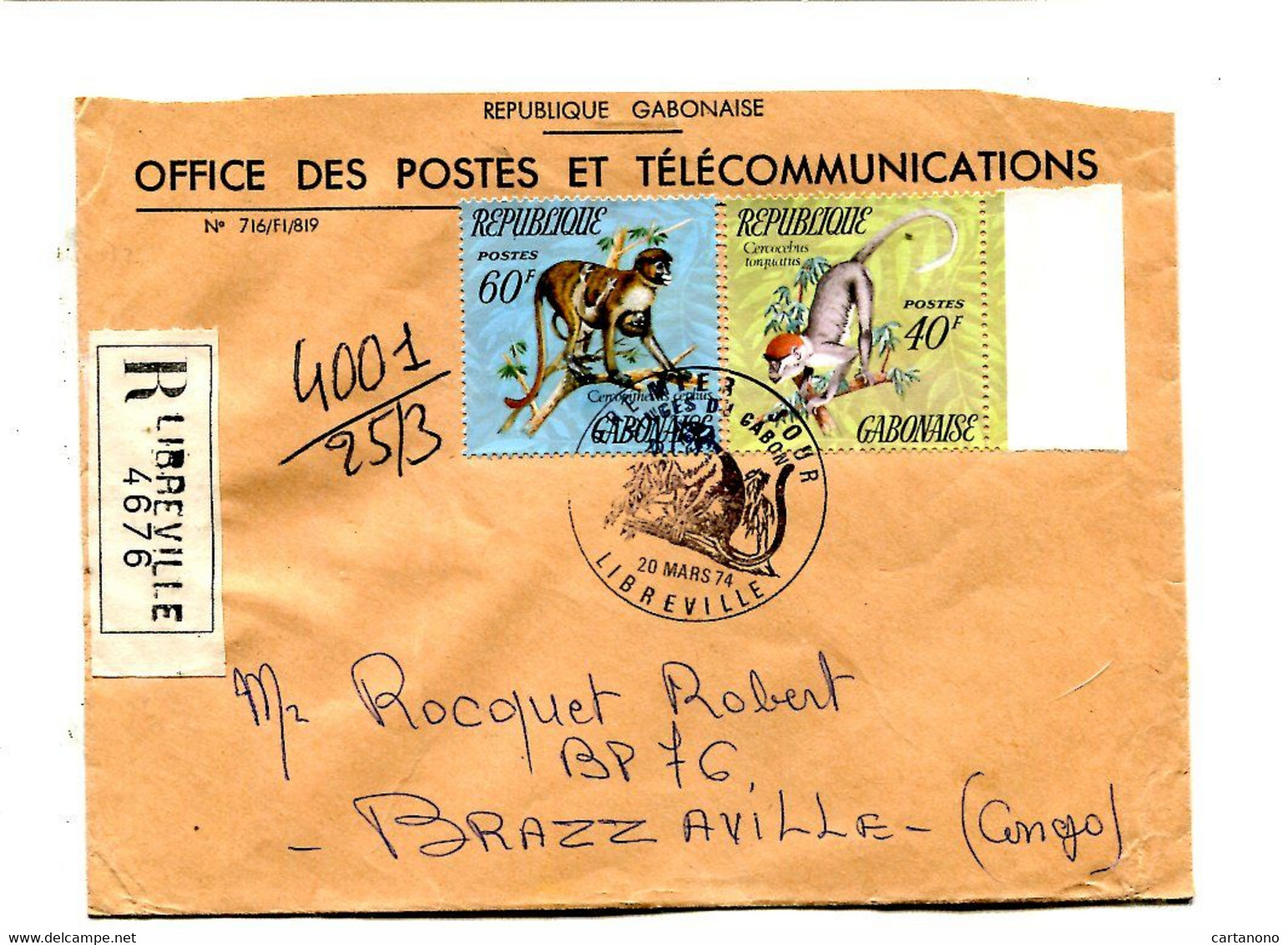 GABON 1974 - Affr.  Sur Lettre Recommandée - Singes - Gabun (1960-...)