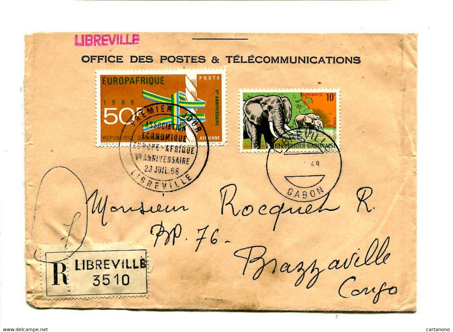 GABON 1968 - Affr.  Sur Lettre Recommandée - Eléphant Europafrique - Gabón (1960-...)