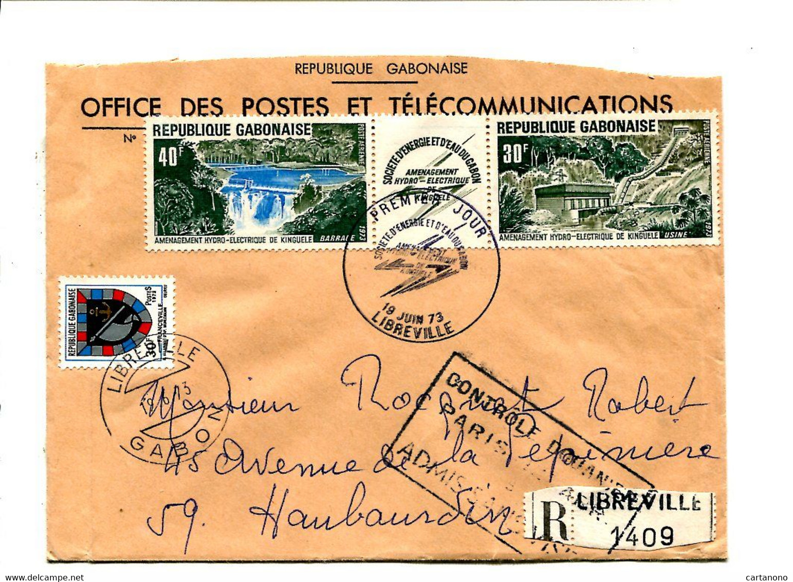 GABON 1973 - Affr.  Sur Lettre Recommandée + Etiquette De Douane - Barrage Hydro Electrique - Gabon (1960-...)