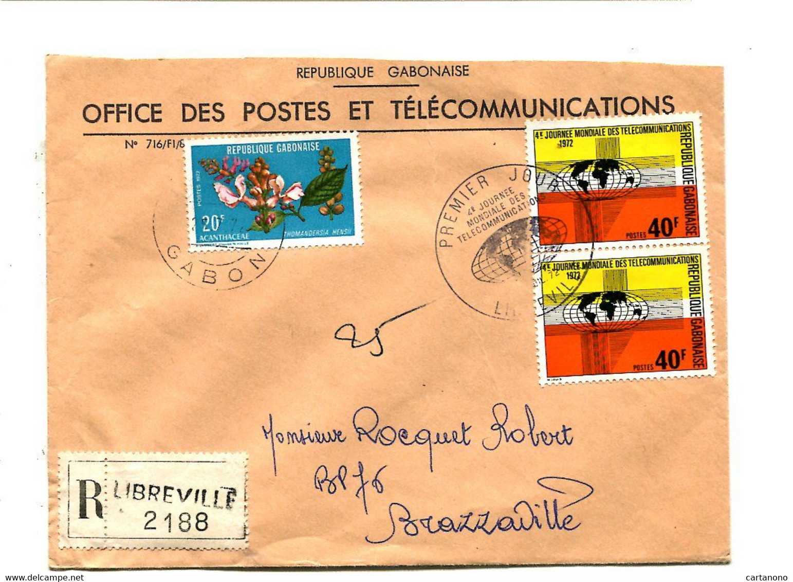 GABON 1972 - Affr.  Sur Lettre Recommandée + Cachet - Télécom / Fleurs - Gabon (1960-...)